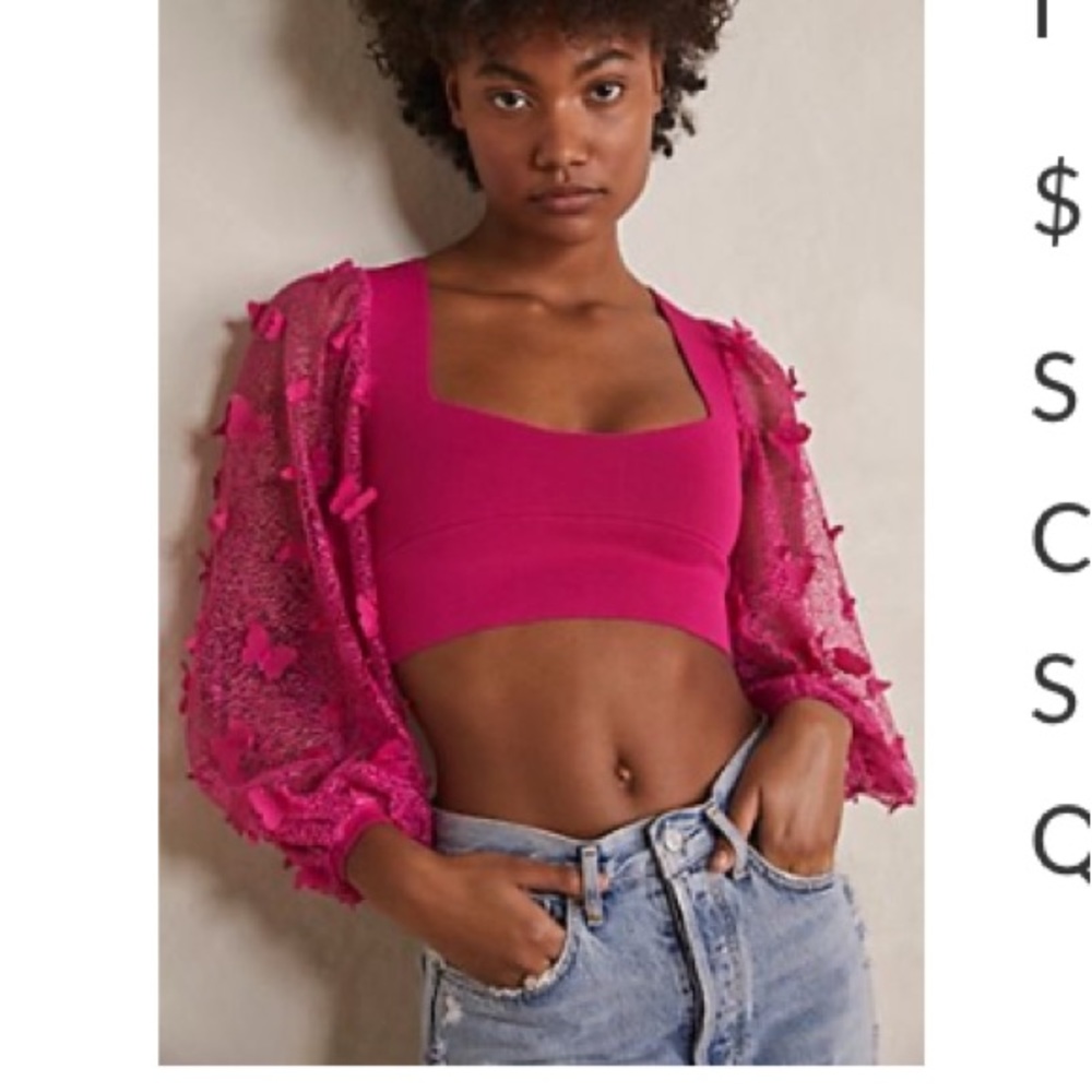 Pink Free People Butterfly Statement Sleeve Crop Top